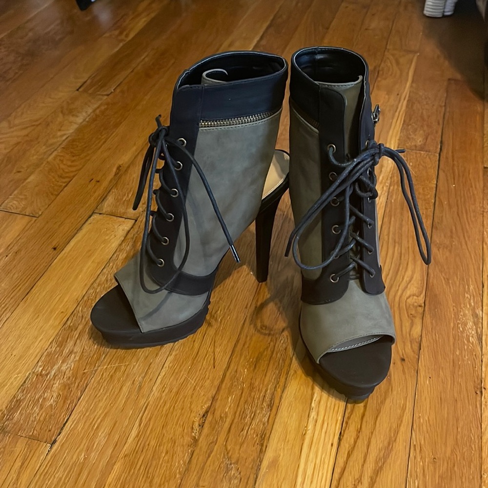 Grey and Black Suede Heeled Booties